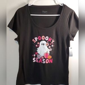 Spooky Season Ghost Black Graphic Tee Fitted Large Scoop Neck